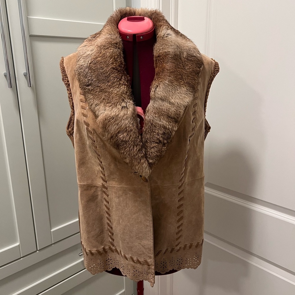 Vintage NYGARD Collection 100% Suede Shearling Vest with Faux Fur Trim - Brown
